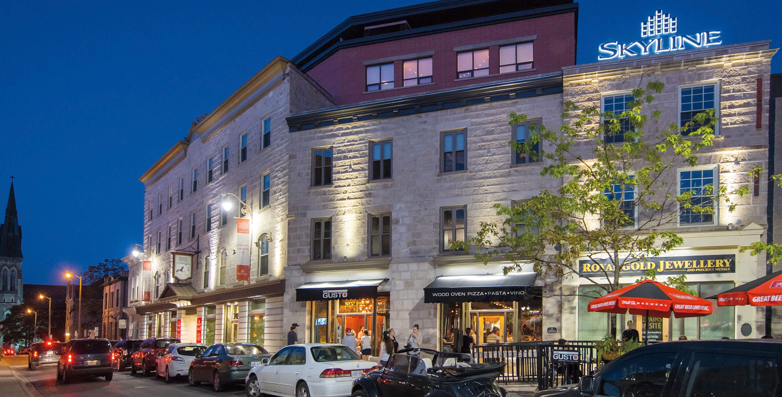 Exterior of 5 Douglas Street in Guelph at dusk